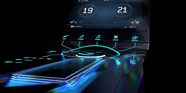 [Translate to Dutch:] Detail view: Backlit automotive control console
